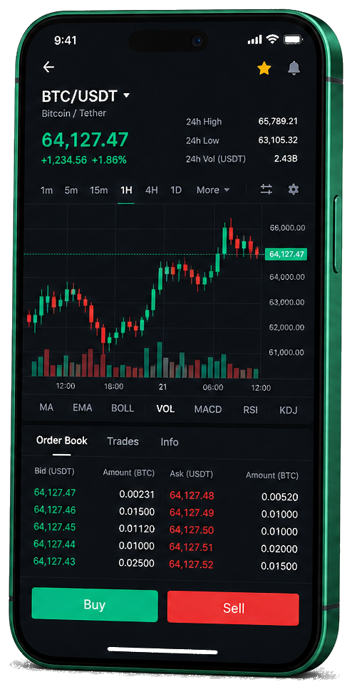 Avoirència trading platform on mobile — live BTC/USDT chart, order book, and buy/sell interface